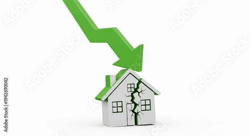 A green arrow indicates decline onto a cracked white house