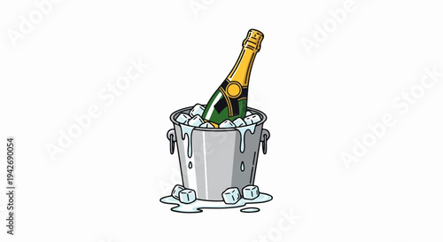 A green bottle of bubbly rests in an ice-filled bucket with melting cubes