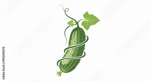 A green cucumber with leaves and tendrils, artfully depicted