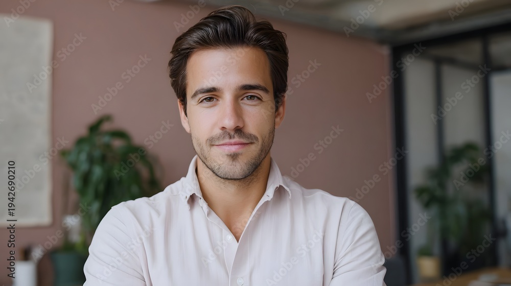 Obraz premium A young successful businessman in a light colored shirt poses confidently in a modern professional office environment