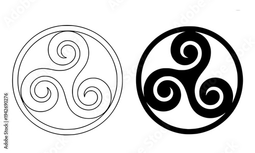 Celtic triskelion triskele symbol set in outline and solid black versions inside a circle, perfect for ancient, spiritual, tribal, and tattoo logo design concepts on white background.