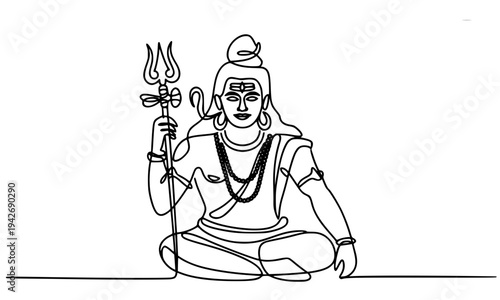  Continuous single line drawing of Lord Shiva sitting in meditation pose holding trishul, minimalist Hindu god illustration perfect for spiritual, religious, and cultural design concepts.