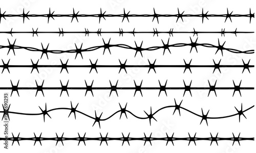 Seamless barbed wire silhouette set with sharp thorns and twisted metal strands, isolated on white background, perfect for security, border, and prison fence design concepts.