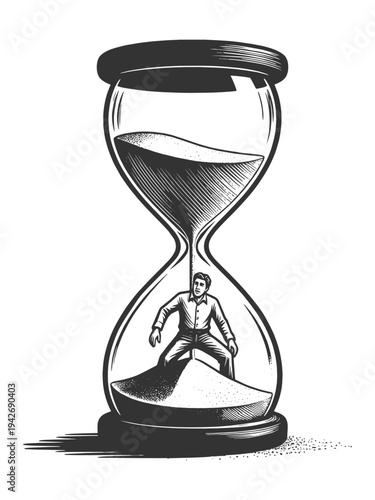 man trapped inside a giant hourglass as sand falls, symbolizing time pressure, deadlines, and mortality sketch engraving generative ai vector illustration. Scratch board imitation. Black and white.