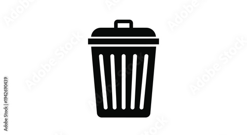 A simple black trash can icon presented as a silhouette