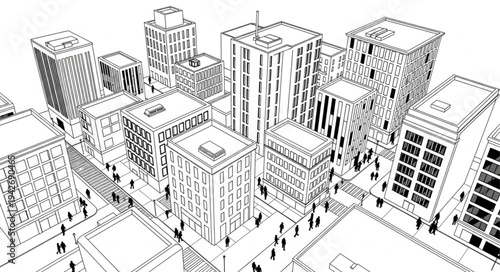 Detailed Sketch of a Bustling Cityscape with Pedestrians.