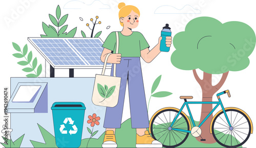 Woman with reusable water bottle and tote bag near solar panel recycling bin and bicycle advocating for sustainability