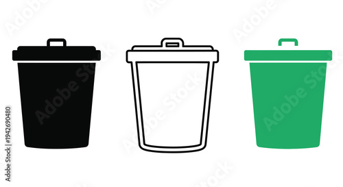 Three trash cans in varying colors presented as a silhouette