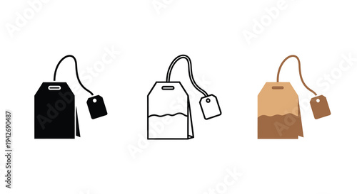 Three depictions of a tea bag including a stark black silhouette