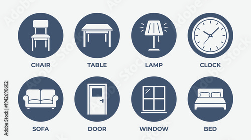 Household Essentials Icon Set Vector – Circular Illustrations of Chair, Table, Lamp, Clock, Sofa, Door, Window, Bed for Interior Design, Education, and Creative Projects