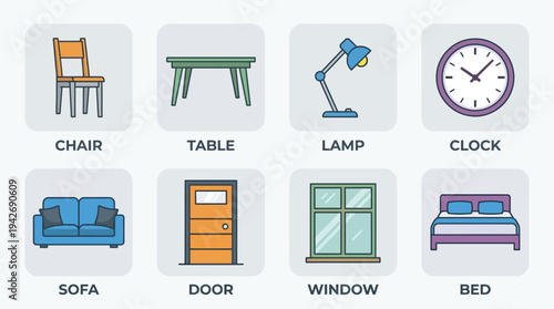 Household Essentials Icon Set Vector – Circular Illustrations of Chair, Table, Lamp, Clock, Sofa, Door, Window, Bed for Interior Design, Education, and Creative Projects