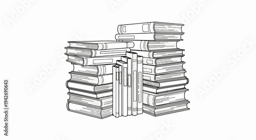 A detailed black and white illustration of a large stack of books on a white background