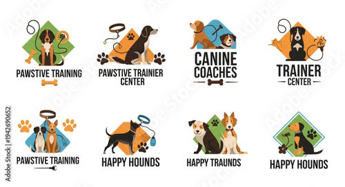 Collection of dog training logos featuring various breeds and paw prints, emphasizing positive training methods and happy hounds, suitable for branding a canine