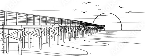 A detailed black and white illustration of a long wooden pier extending into the ocean