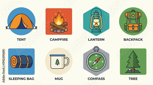 Camping Essentials Icon Set Vector – Illustrations of Tent, Campfire, Lantern, Backpack, Sleeping Bag, Mug, Compass, Tree for Outdoor Adventure, Education, and Creative Projects
