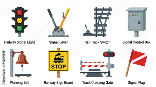 Railway Signaling and Safety Icon Set Vector – Illustrations of Signal Light, Lever, Track Switch, Control Box, Bell, Sign Board, Crossing Gate, Signal Flag