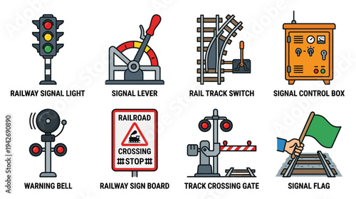 Railway Signaling and Safety Icon Set Vector – Illustrations of Signal Light, Lever, Track Switch, Control Box, Bell, Sign Board, Crossing Gate, Signal Flag