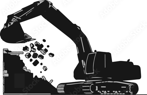 A black excavator demolishes a concrete structure, scattering debris