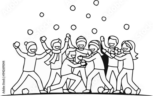 A group of happy people in winter clothing are playing with snowballs