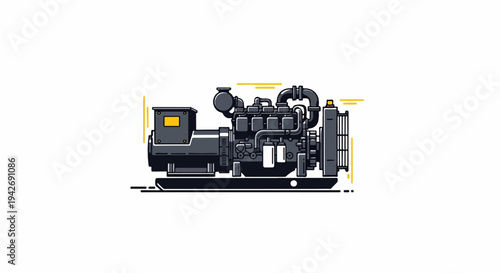 A detailed illustration of a dark gray generator with yellow accents on a white background