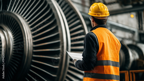 Engineer in hard hat and safety vest inspecting a large industrial turbine machine inside a power plant factory, researching modern engineering technology components