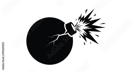 Exploding bomb with cracked surface and fiery blast a dark silhouette