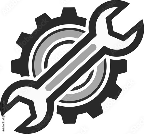 A black gear graphic with a silver wrench diagonally across it