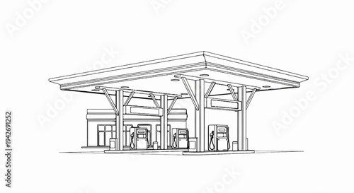 A detailed line drawing depicts a gas station with multiple pumps under a large canopy