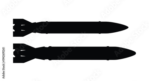 Two black silhouettes of vintage bombs displayed against a white background silhouette