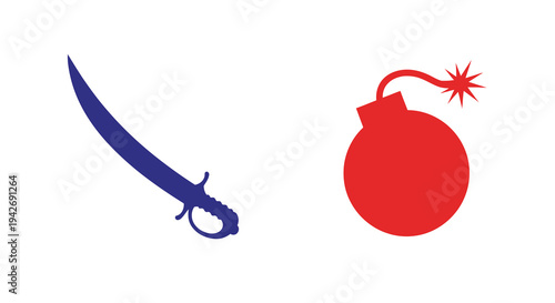 A curved sword and a bomb depicted in a striking silhouette