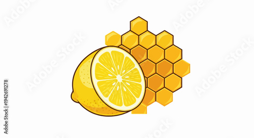 A halved lemon rests beside a cluster of golden honeycomb
