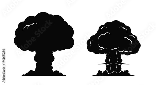 Two black mushroom cloud explosions depicted in stark contrast silhouette