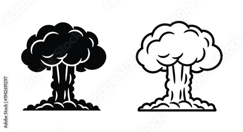 Two mushroom cloud depictions in contrasting black and white silhouette