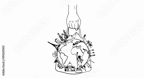 A hand holds a shopping bag containing the world adorned with landmarks