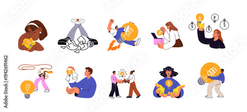 Concept set of people with ideas, insights. Characters with light bulbs thoughts. Searching for, finding a solution. Brainstorm and inspiration. Flat isolated vector illustration on white background