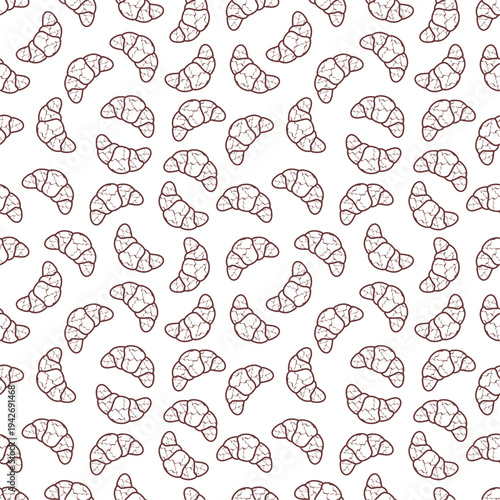 Croissant doodle pattern background. Seamless croissant doodle pattern. Croissant seamless pattern design. Fast food croissant doodle pattern design.