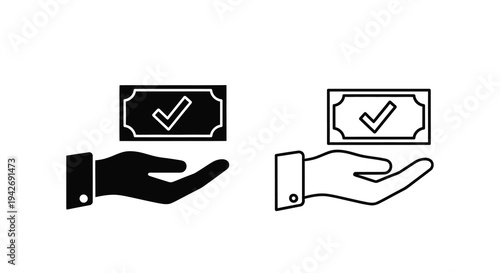 Hand offering money with a check mark a simple graphic silhouette