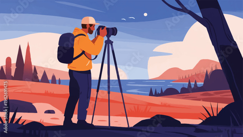 Illustration Of An Adventurer Photographing Natural Scenery With A Camera Vector Design Template