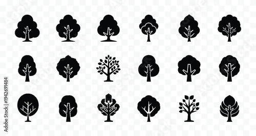 Collection of Black Tree Icons - Nature Symbols, Forest Elements, Decorative Design