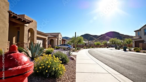 Sunny desert neighborhood street with homes and cacti in Arizona