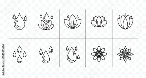 Lotus flower and water drop icon set, minimalist outline symbols, clean design elements