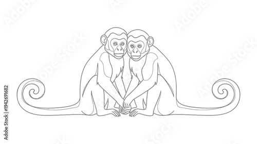 Twin primate artwork: Two capuchin monkey sketch are holding hands, embracing one another, set against a stark backdrop, with emphasis on the artistic design and line work.
