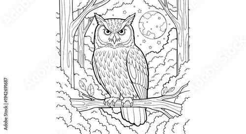 A detailed outline of an owl perched on a branch at night under a starry moonlit sky