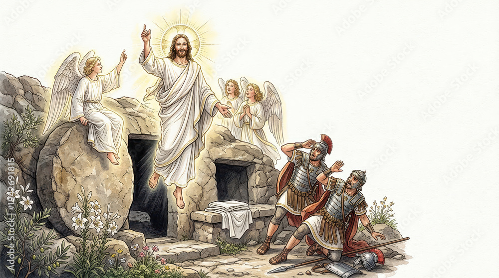Fototapeta premium Jesus Christ rises from the tomb with angels, surprising Roman soldiers on Easter morning