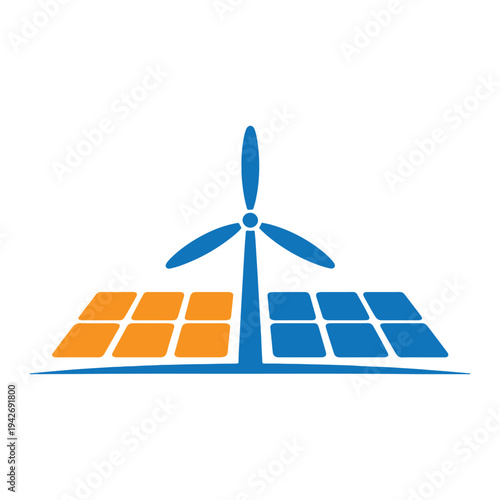 Wind turbine and solar panels representing renewable energy sources