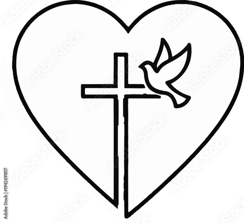 A black outline of a heart containing a cross and a dove