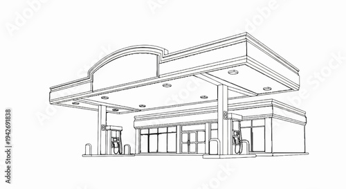 A detailed sketch of a modern gas station with a store and pumps