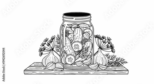 A line drawing of a jar filled with pickles, dill, garlic, and onions