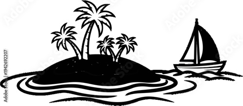 A sailboat glides on wavy seas near a tropical island with palm trees