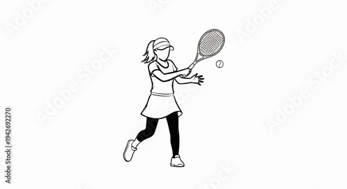 A line drawing of a person playing tennis with a racket and ball